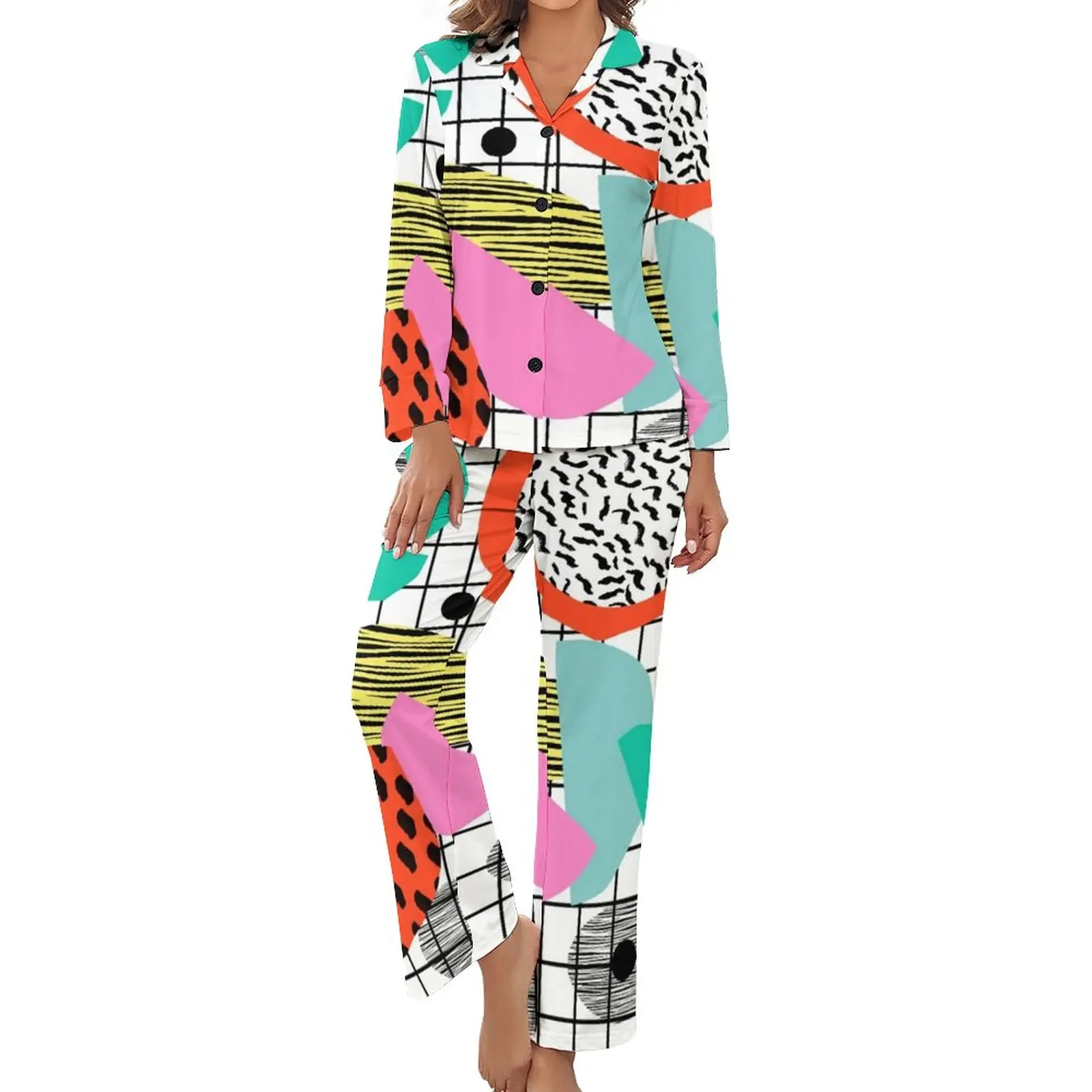

Memphis Pop Art Pajamas 80s Style Retro Plaid Casual V Neck Sleepwear Womens 2 Pieces Print Long-Sleeve Elegant Pajama Sets