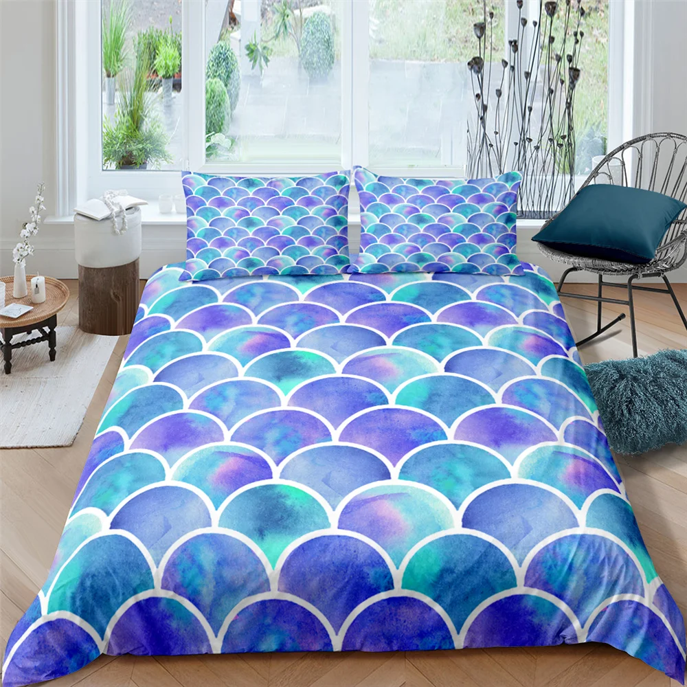 

Fish Scales 3D Print Bedding Set Colorful Mermaid Scale Quilt Duvet Cover Sets Pillowcase Queen King Size Kids Girls Dropship