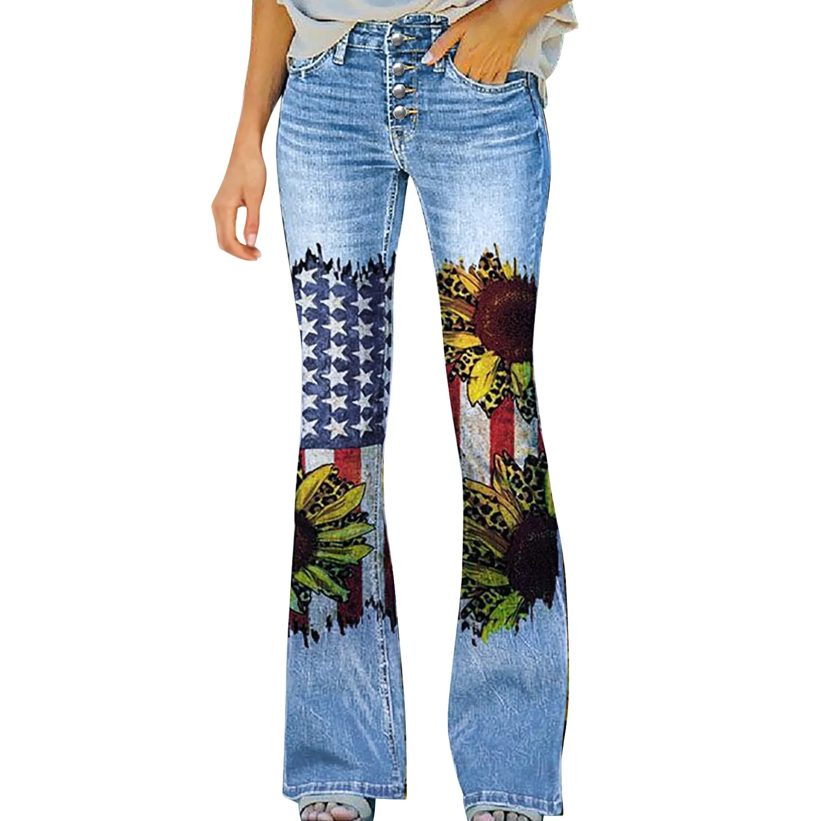 Y2k Streetwear Flared Pants Jeans for Women Flower Flag Print Distressed Bootcut Denim Pants Skinny Bell Bottom Pocket Trousers