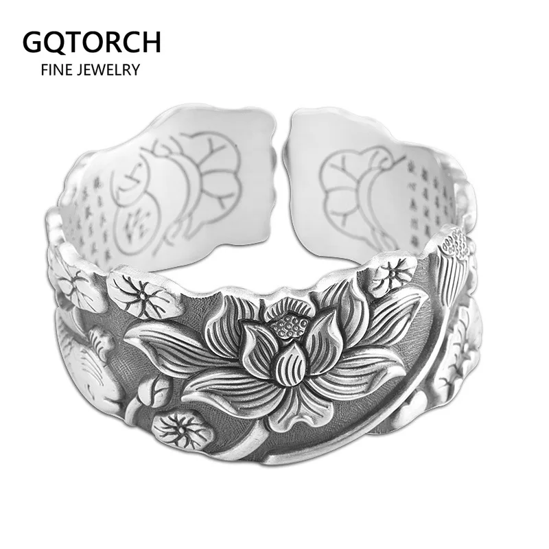 

Sterling Silver 999 Lotus Heart Sutra Cuff Bangles for Men and Women Vintage Fashion Openable Bangle Accessories Jewelry