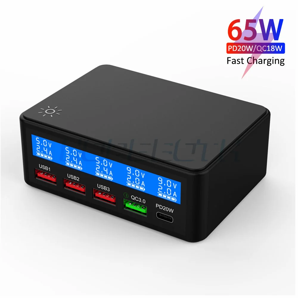 

65W PD QC Fast USB Charger 5 Ports Smart Charge Station Hub Quick Charge Adapter USB C Charger Type C Display Desktop Chargers