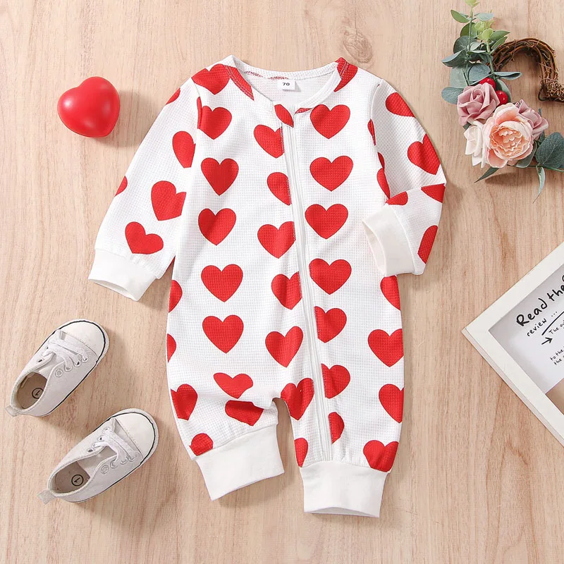 

Infant Baby Girls Spring Autumn Casual Jumpsuit Long Sleeve O-Neck Heart Print Zipper Playsuit for Valentine's Day 0-18Months
