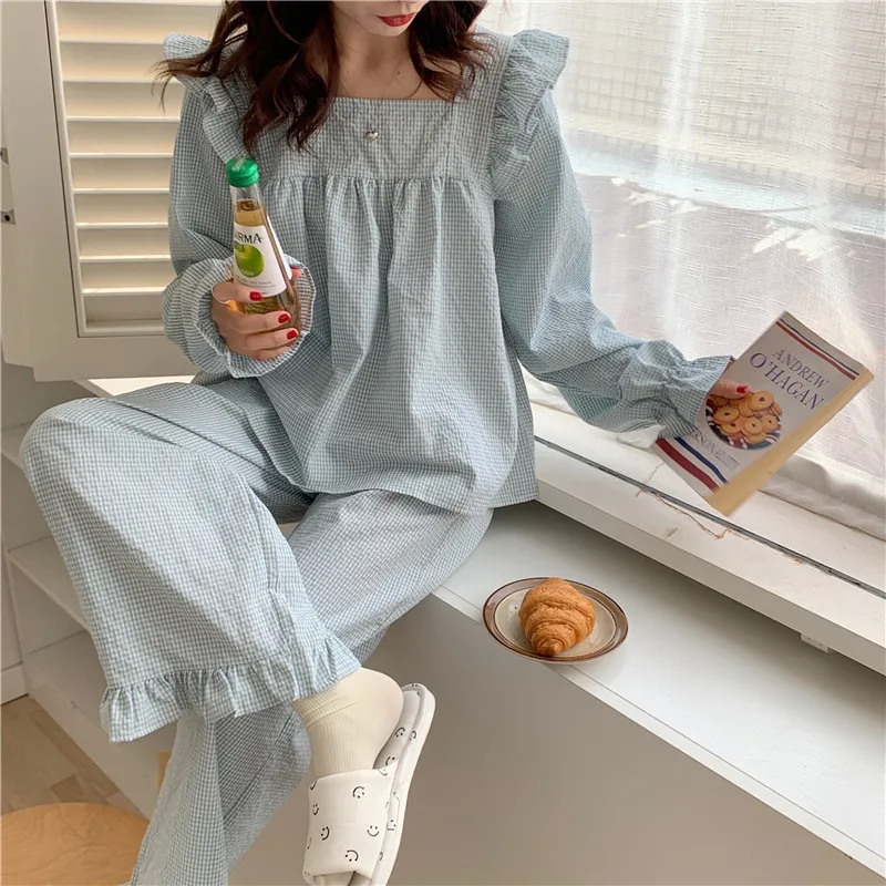 Pajama Set Plaid Homewear Two Piece Set Women Sleepwear Long Sleeve Tops Pants Pyjama Loose Korean Ladies Home Suit Ruffles