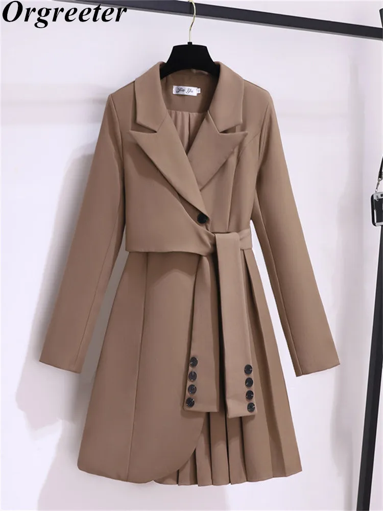 

Женское плиссированное платье-блейзер на завязках, с длинным рукавом