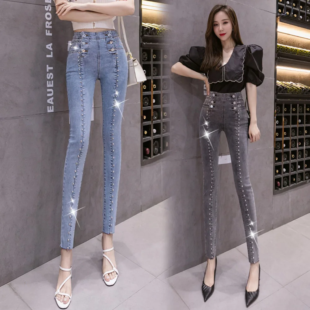 

2022 Spring Autumn Women Casual Solid Jeans Lady Loose Beaded Pocket High Waist Trousers Female Fashion Denim Pencil Pants