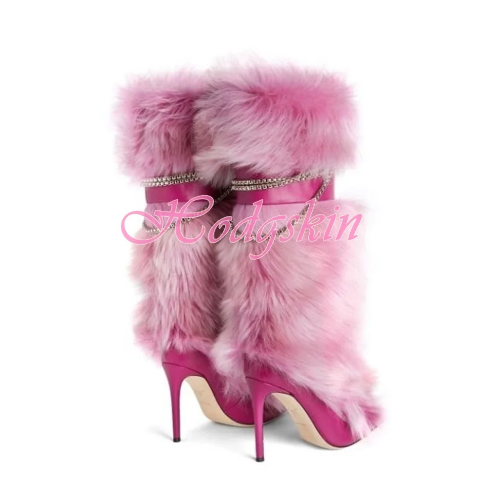 Sweet Pink Fur Boots Mid Calf Chain Buckles Strap Women Winter Shoes Solid Pointy Toe Stiletto Heels Sexy Boots Warm Banquet New