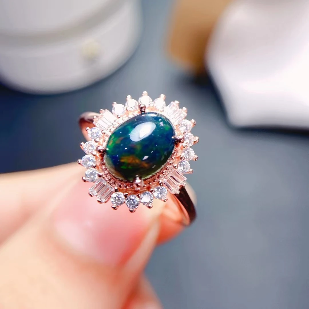 

MeiBaPJ Natural Black Opal Gemstone Fashion Flower Ring for Women Real 925 Sterling Silver Charm Fine Wedding Jewelry