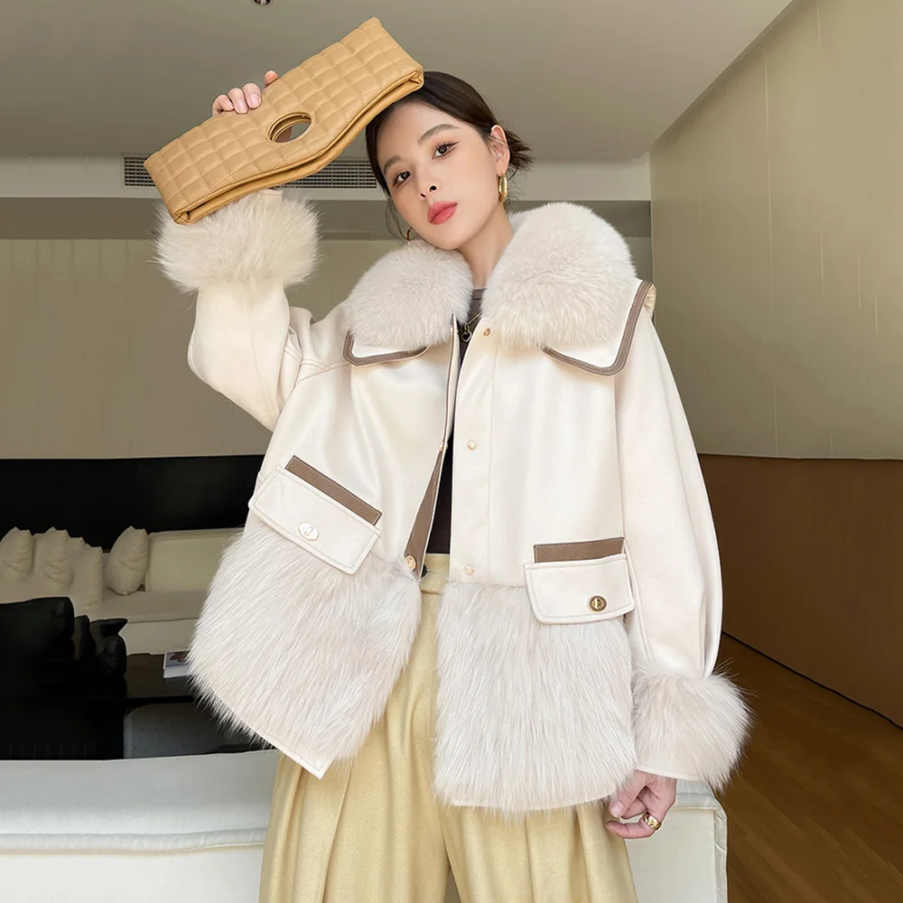 

New Women Real Fur Coat Autumn Winter Fashion Casual Thick Warm Fox Fur Collar Double-faced Fur Suede Jacket Loose Outerwear