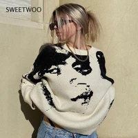 women y2k face print oversized sweater long sleeve crewneck gothic grunge pullovers harajuku aesthetics jumpers tops
