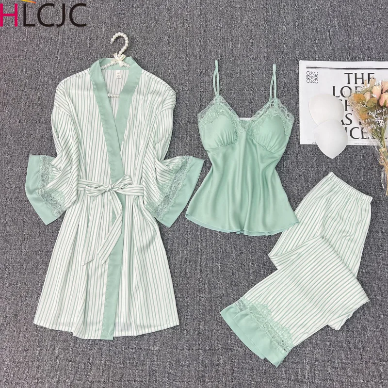 

Female Nightwear Kimono Bathrobe Sexy Lingerie 3Pcs Women Pajamas Set Striped Lace Long Robe Pyjama Suit Satin Silk Sleepwear