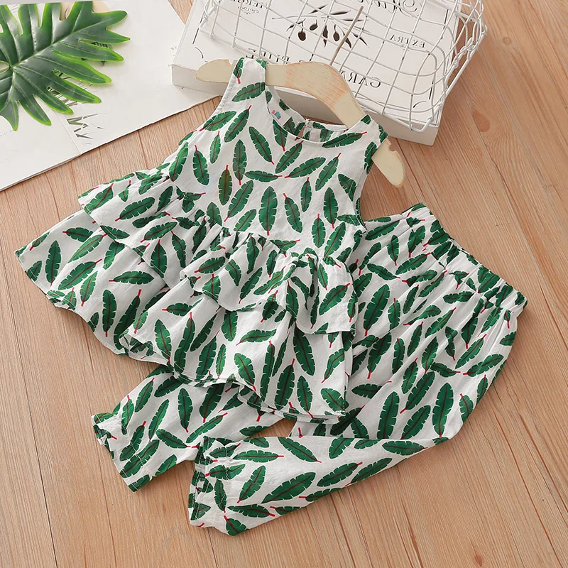 

2022 Summer New 2 3 4 6 8 10 12Years Children Sleeveless Vest +Pants 2 Pieces Suit Leaf Chiffon Clothing Set For Baby Kids Girls