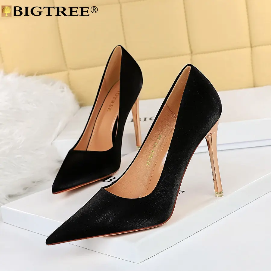 

Туфли-лодочки BIGTREE женские, искусственная кожа, заостренный носок, шелк, тонкий каблук 10 см, лаконичная обувь для офиса и работы, черные