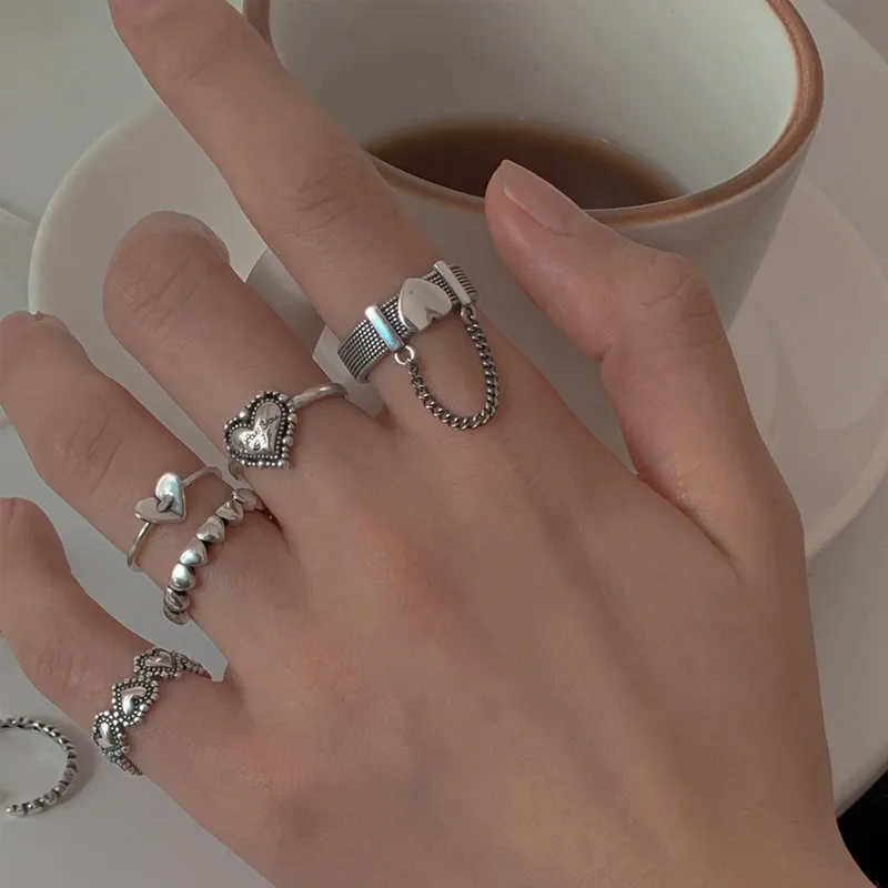 

5 Pcs/Set Fashion Silver Color Heart Rings for Women Trendy Geometric Punk Chain Rings Set Party Jewelry Gifts