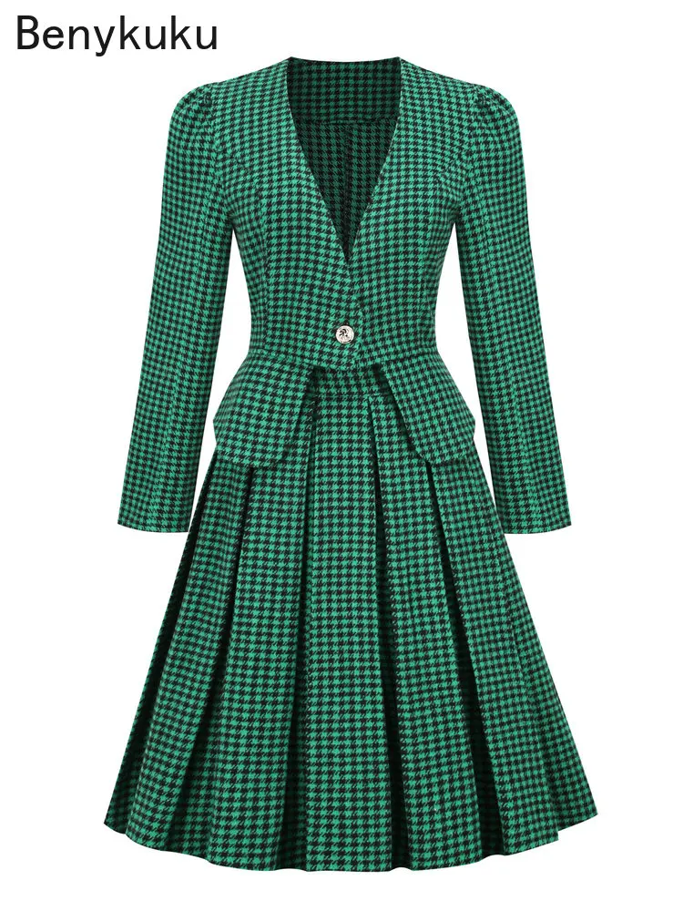 

Green Houndstooth Office Outfits Blazer and Skirt Vintage Two Piece Sets Women Elegant Fall Winter Clothing Dress Work Sets