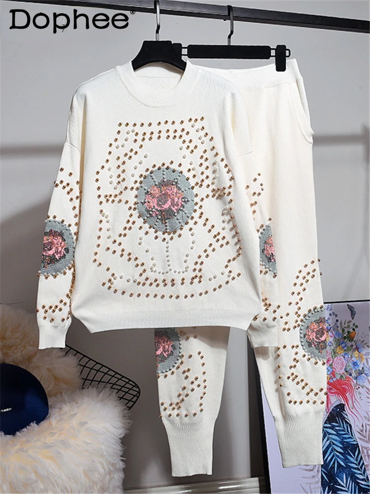 2022 Autumn Winter Long Sleeve O Neck Knitted Embroidery Sweater Jumper Elastic Pants Tracksuit Women