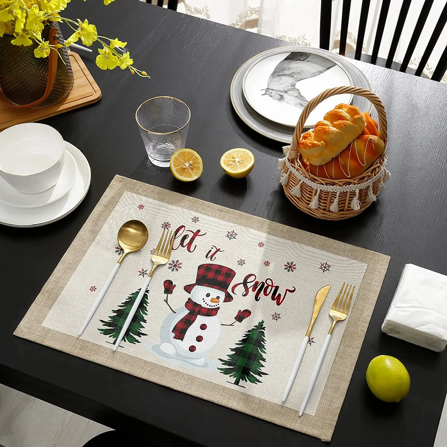 

Placemats Merry Christmas Red Plaid Hat Scarf Snowman Xmas Tree Winter Snowflake Heat Resistant Place Mat for Dining Table