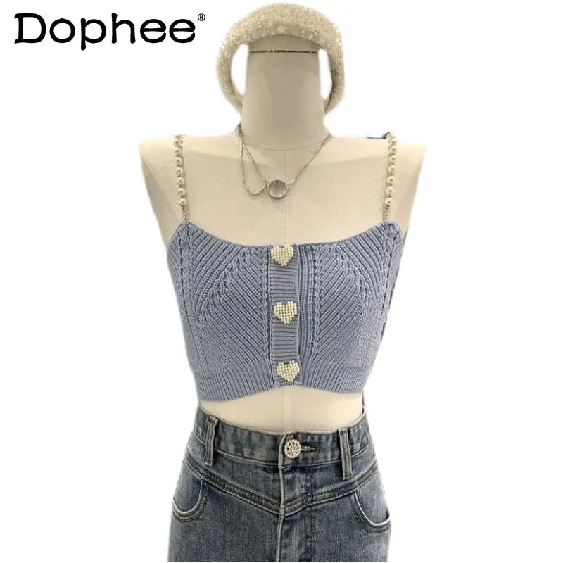 

South Korea Dongdaemun Sling 2023 Autumn New Outerwear Short Love Single-Breasted Pearl Suspender Sweater Vest Y2k Top Camisoles