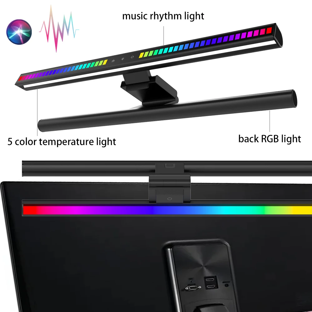 Фото Светодиодная лампа для рабочего стола с RGB-подсветкой и синхронизацией с музыкой, 5 цветов, защита для глаз, подвесная световая панель для ПК, для работы/чтения/учебы №1