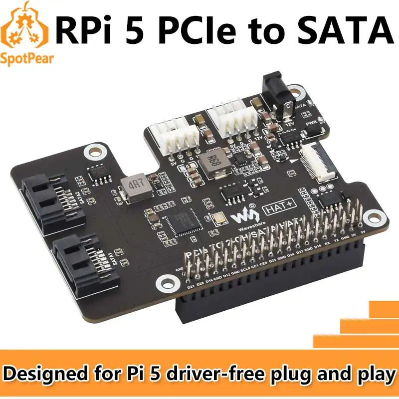 Фото Плата расширения Raspberry Pi 5 PCIe-SATA с EEPROM HAT+ Waveshare PCIe TO 2-CH SATA HAT+ №1