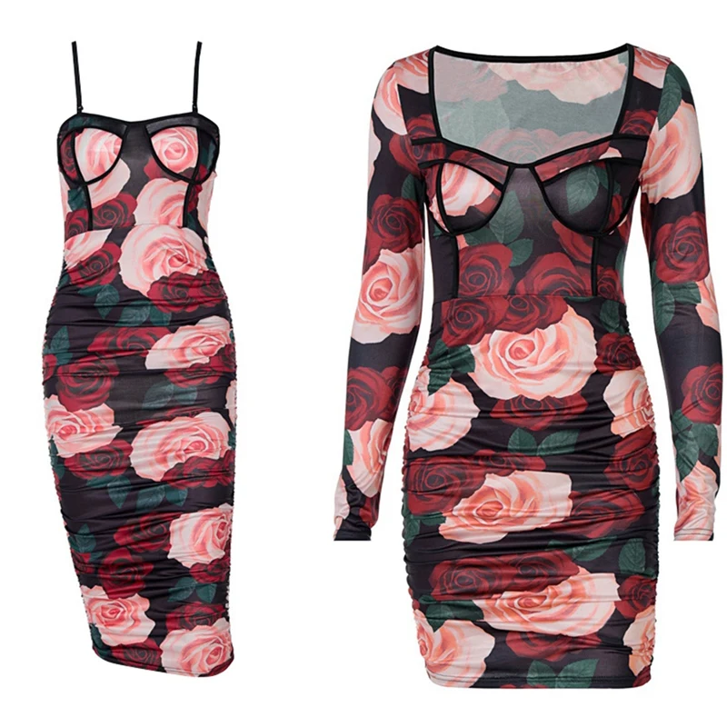 

Long Sleeve Square Collar Patchwork Floral Print Mesh Dress S & Sleeveless Slash Neck Floral Print Backless Maxi Dress S