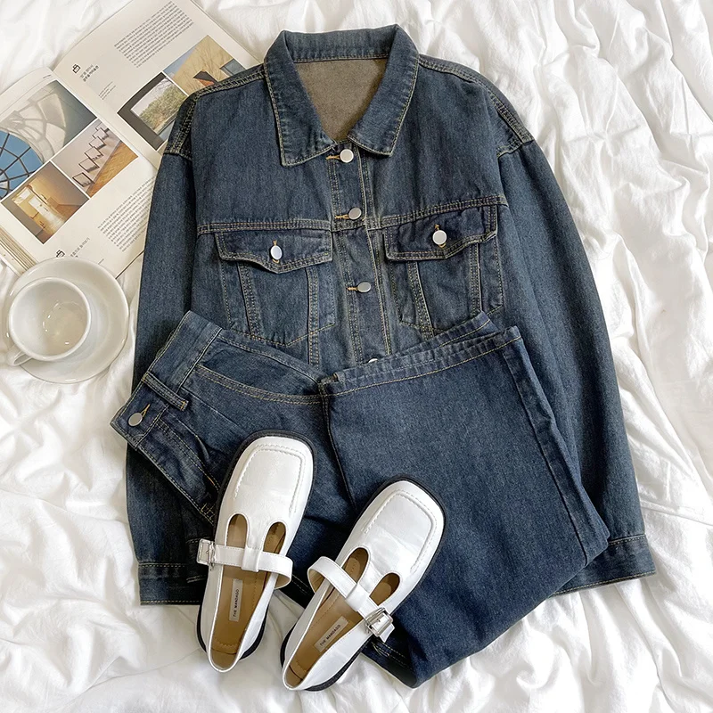 

Винтажный потертый темно-синий джинсовый пиджак с лацканами + юбка с разрезом комплект из двух предметов