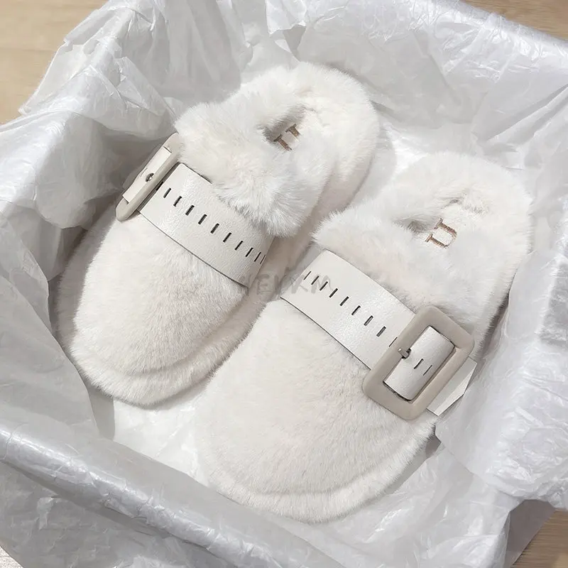 Winter Flats Women Slippers Fur Luxury Buckle Platform Mules Shoes Warm Short Plush Cotton Flip-flops 2023 New Snow Women Boots