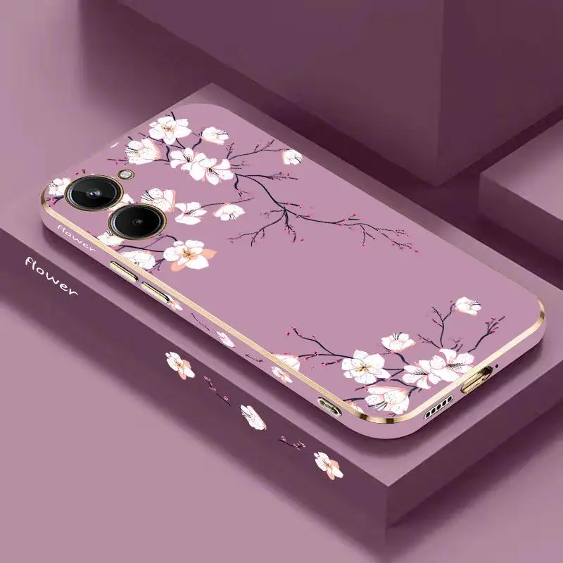 

White Plum Blossom Luxury Plating Phone Case For OPPO Realme 10 9 9i 8 8i 7 7i 6 Pro Plus C30 C31 C35 C20 C21Y C25 C25S Cover