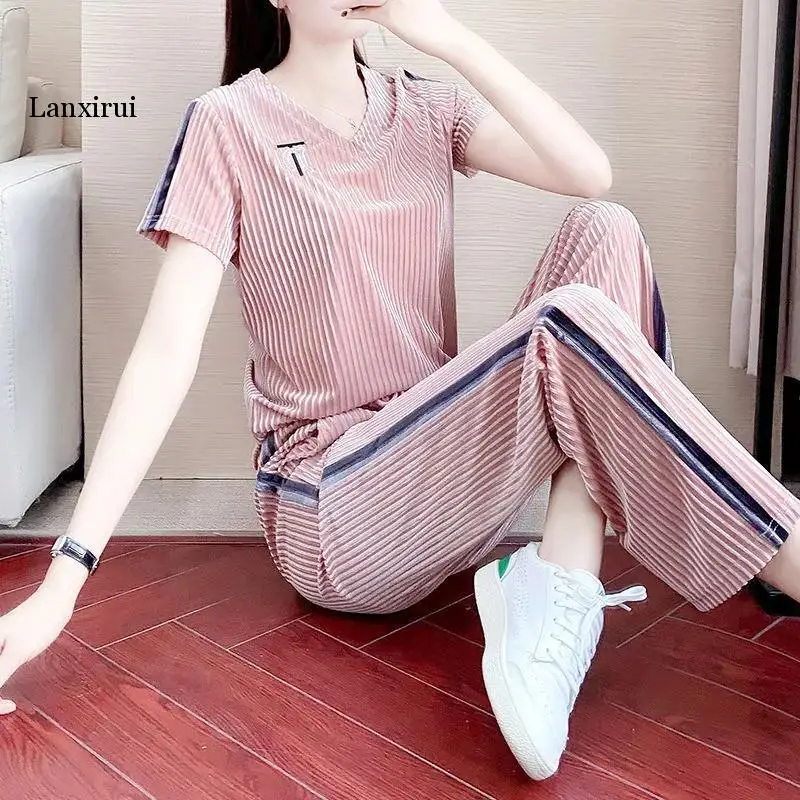 

Women's Casual Suit Fashion V-neck Crop Top 2022 Summer New Pencil Pants And Short Sleeve T Shirt Two Piece Set Tracksuit Women