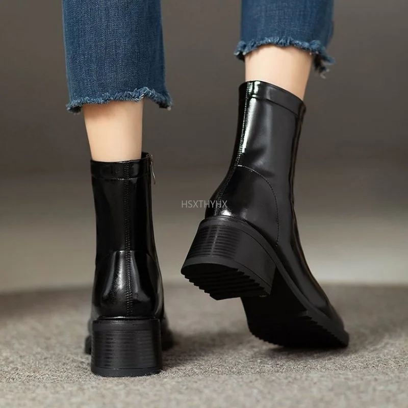 

Fashion New Women Ankle Boots Splicing Genuine Leather Back Zipper Platform Thick Heels Casual Shoes Woman Autumn Winter
