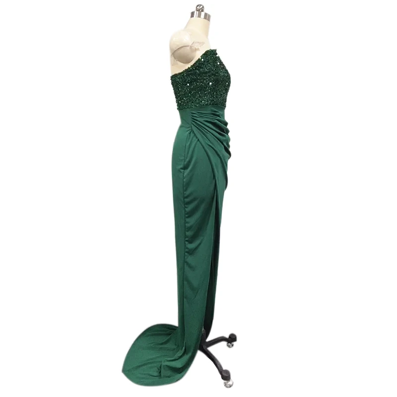 Green Sexy High Slit Sequins Chapel Train Prom Dresses Elegant Soft Satin Formal Evening Party Gowns Robe De Soiree Backless
