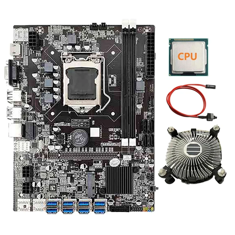 B75 BTC Miner Motherboard with Random CPU+Fan+Switch Cable 8 USB3.0 to PCIE GPU Slots LGA1155 DDR3 RAM SATA3.0 ETH Miner