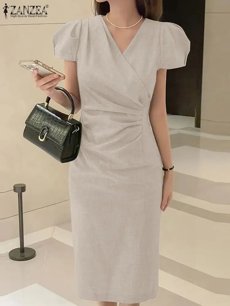 ZANZEA женский офисный сарафан летнее однотонное платье с короткими рукавами