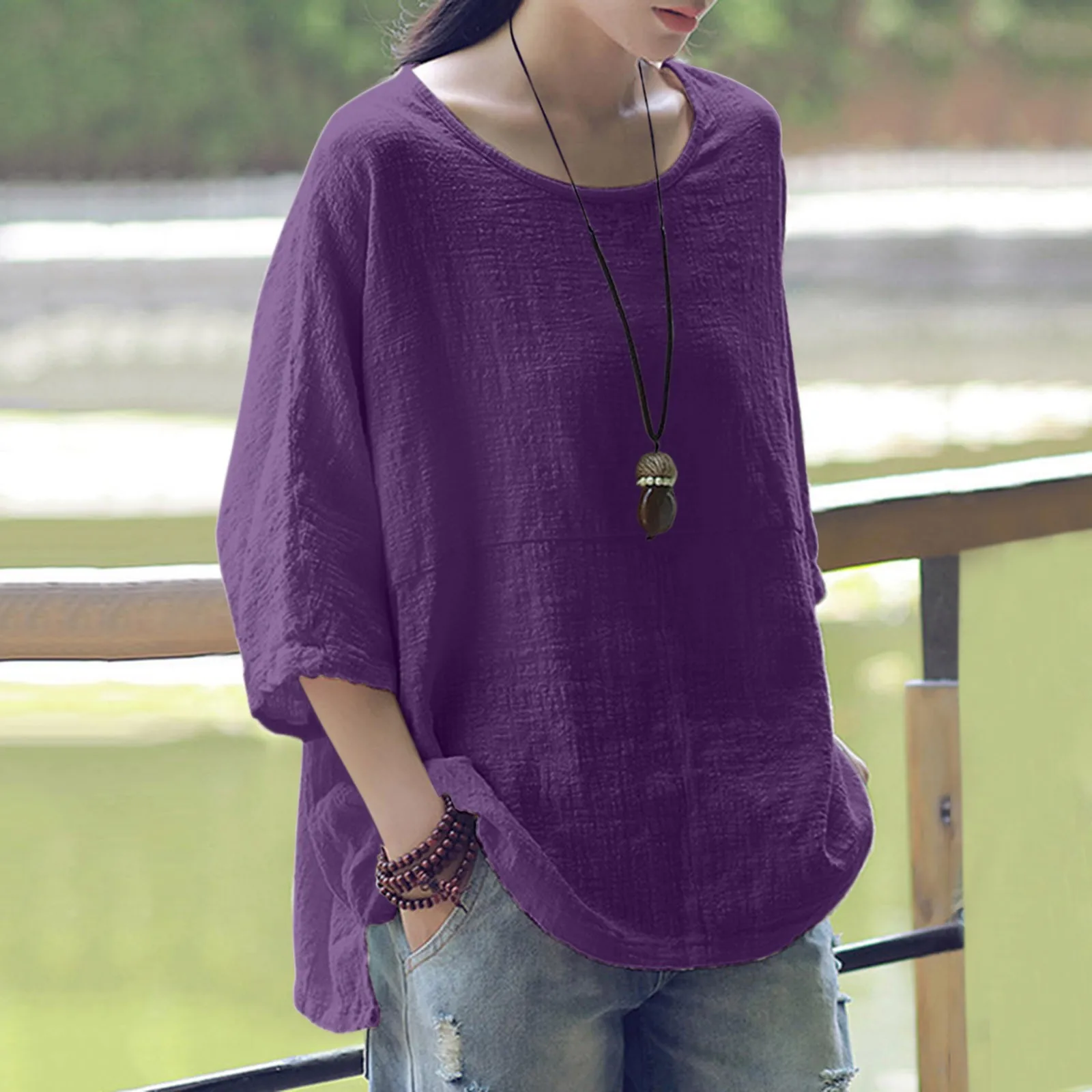 

Women's Linen Shirt Three Quarter Loose Plus Size Crew Neck Top Summer T-shirts Tunics Clothing