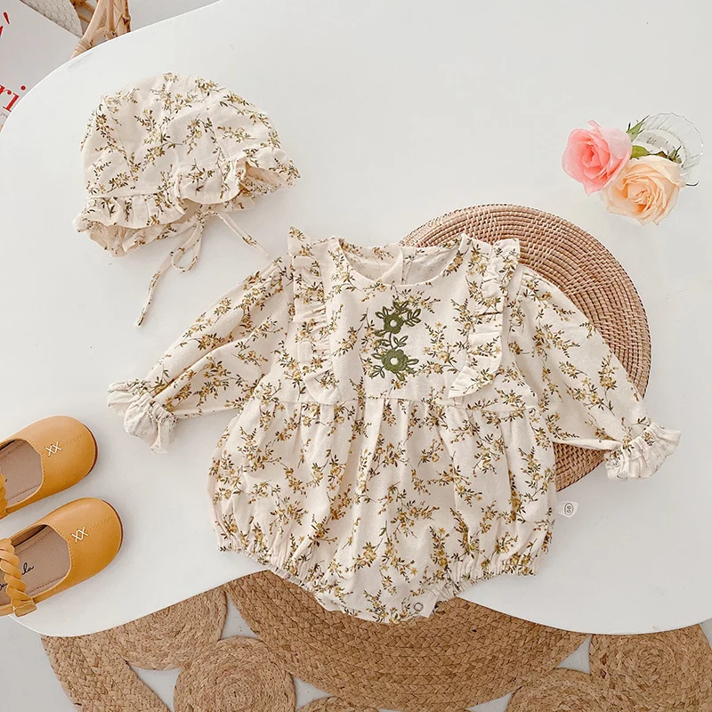 

Детский осенний комбинезон с цветочным принтом, с длинным рукавом и вышивкой