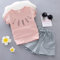girls summer korean style feather tassel short sleeve shorts two piece set baby girl clothes kids clothes girls