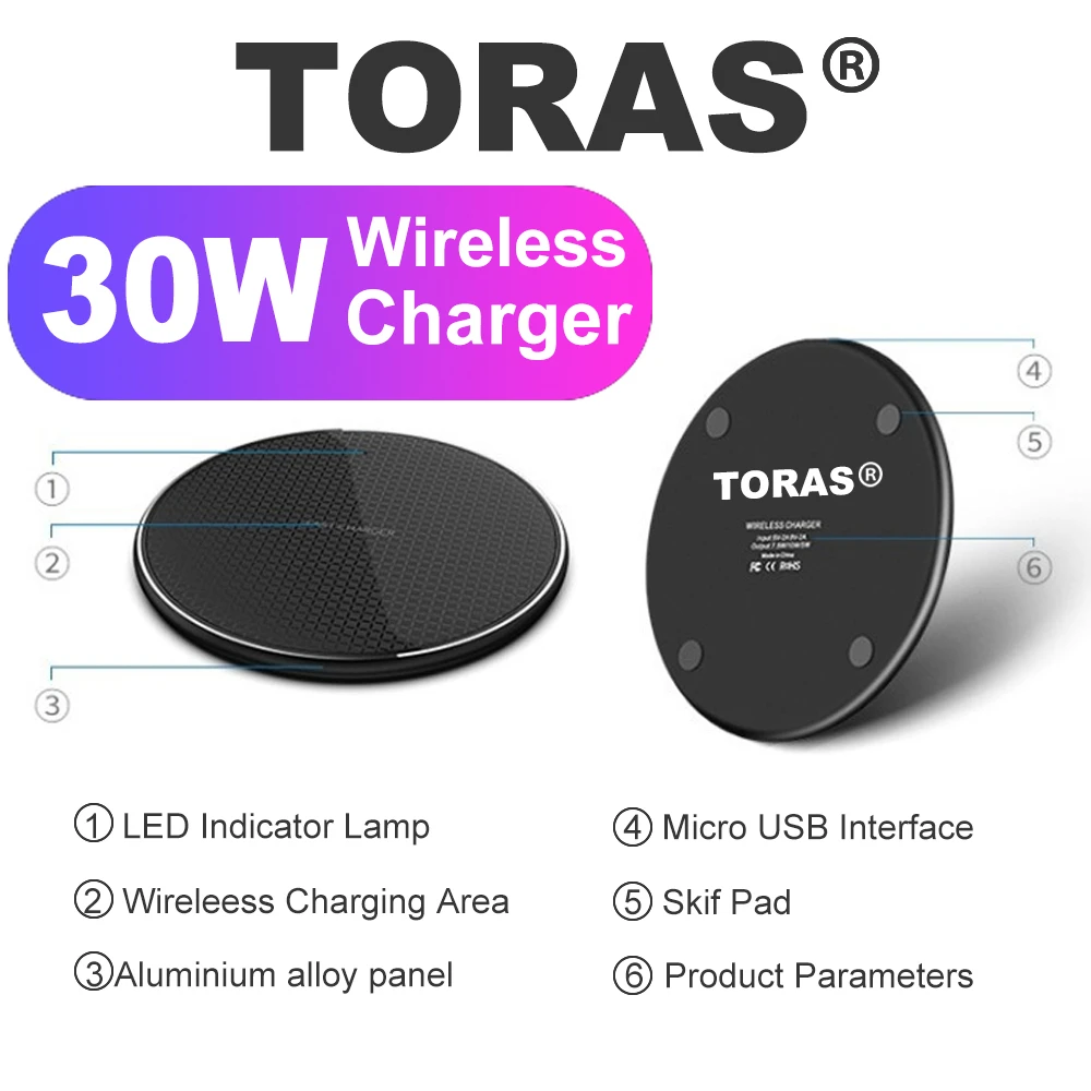 

TORAS-30w беспроводное быстрое зарядное устройство, зарядный коврик Qi с USB, подходит для Samsung Galaxy S20, S9 +, S8, note 9, iPhone 12, 11 pro,