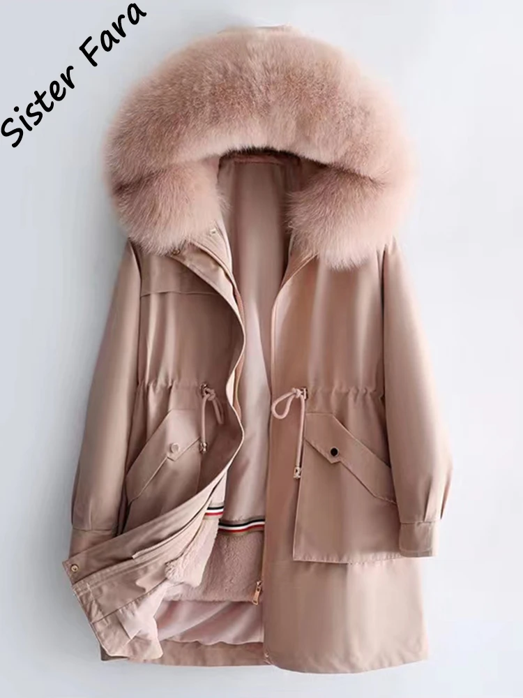Sister Fara Winter BIG Pocket Long Jacket Removable Rabbit Fur Lining Drawstring Coat Winter Big Rabbit Fur Collar Snow Parka
