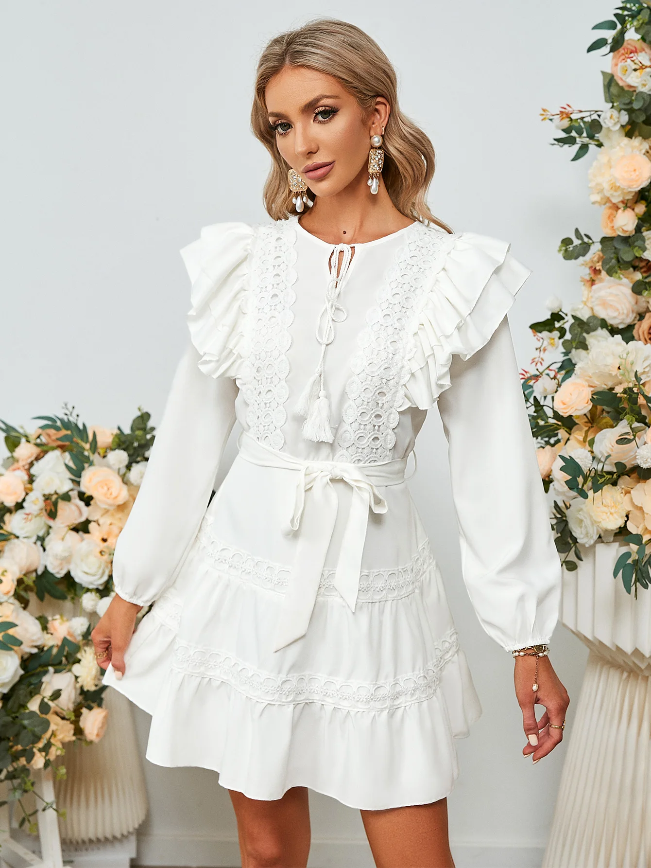

Simplee White lace elegant women bridesmaid party mini dress Lace-up ruffle office dresses Casual belt patchwork female vestido