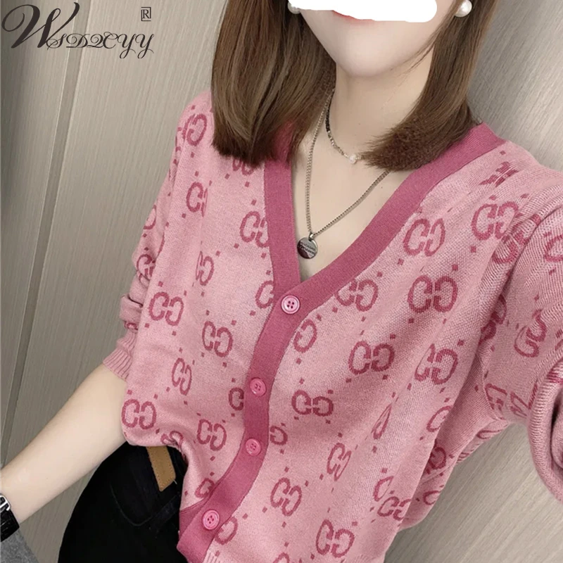 

Women Letter Print Cropped Cardigans Korean Long Sleeve Knitted Coat Soft Single Breasted Autumn Winter Top V-Neck Loose Sweater
