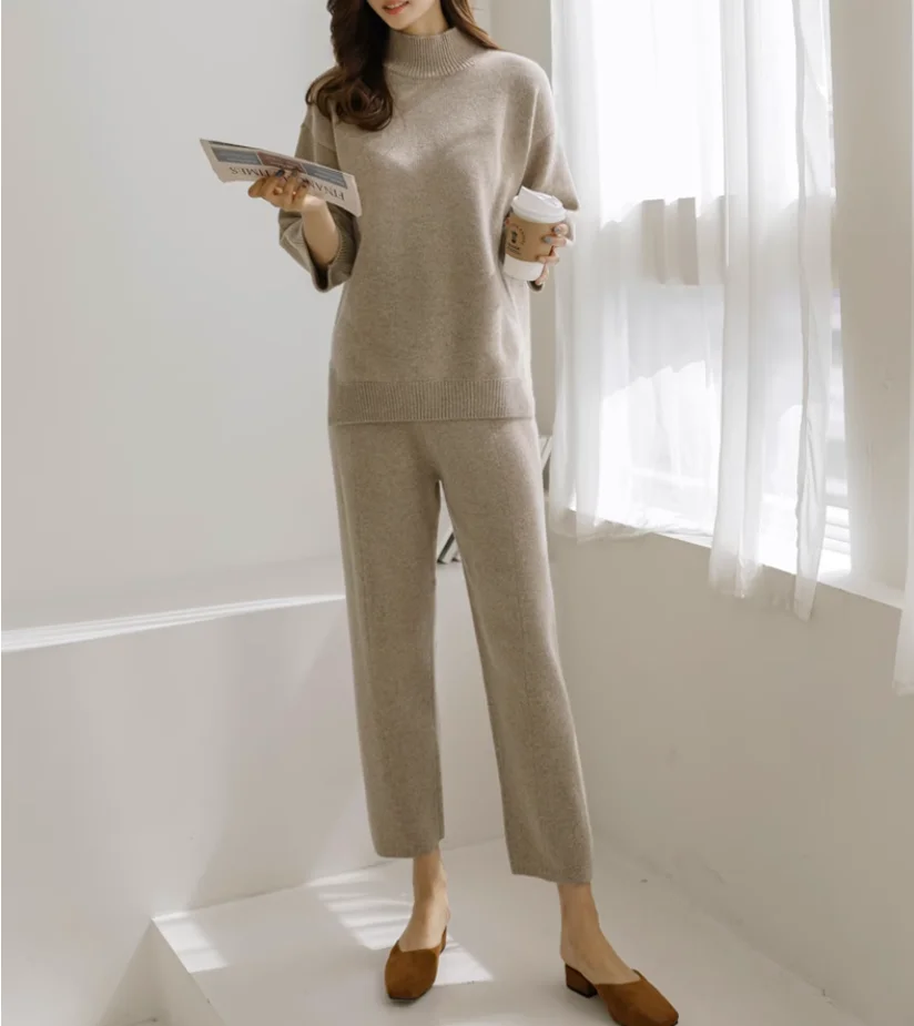 

Женский вязаный комплект из двух предметов, теплый пуловер с высоким воротником и брюки-карандаш, теплый свитер, Осень-зима 2023
