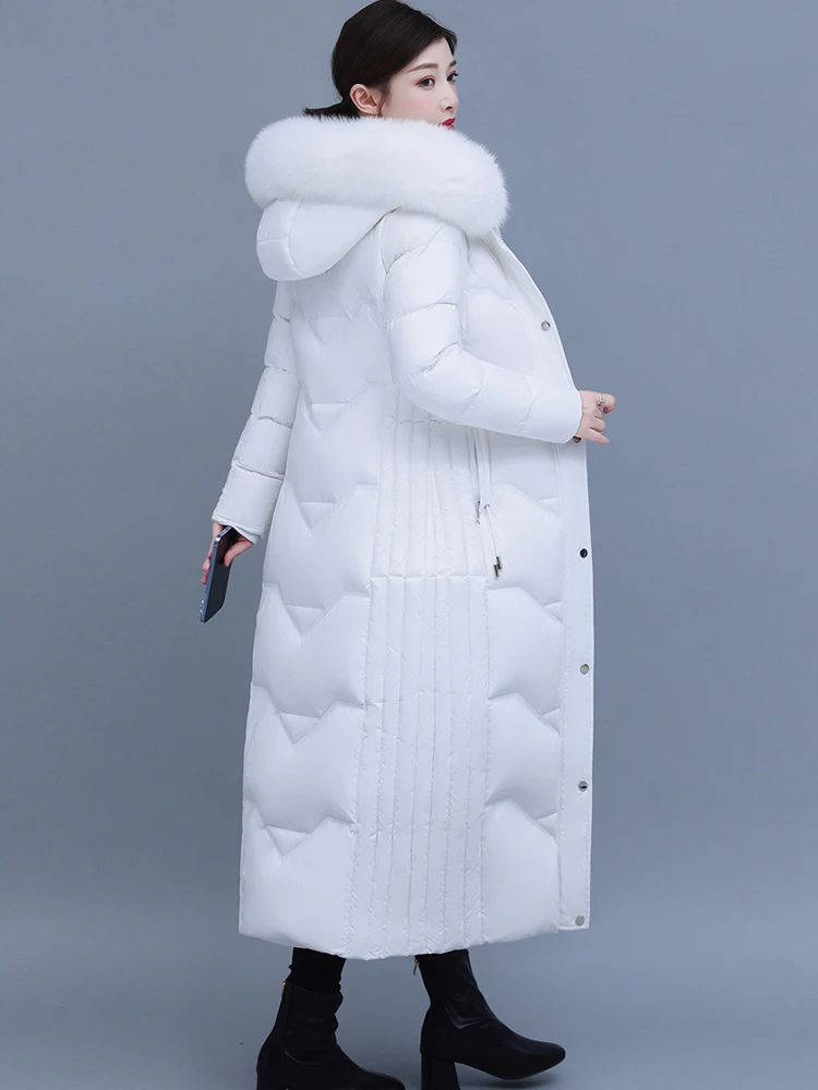 New Women Glossy Surface Down Coat Winter Fashion Thicken Warm Hooded Real Fox Fur Collar Slim Long Down Jacket Ankle-Length