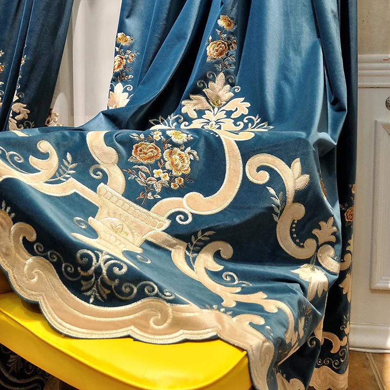 

Занавески на заказ, неоклассические европейские Синие Роскошные однотонные вышитые бархатные плотные тканевые занавески для гостиной, зан...