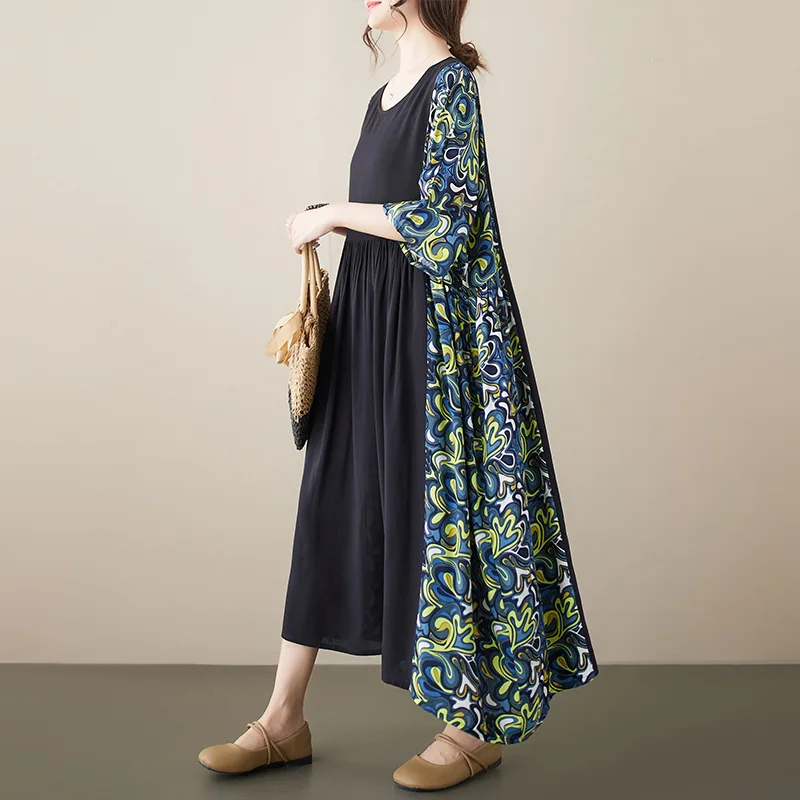 

Женское винтажное платье с контрастными вставками Johnature, Свободные повседневные асимметричные платья с коротким рукавом, для лета, 2023