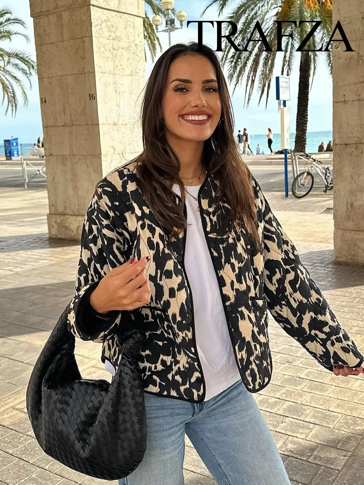 TRAFZA Women's Winter Fashion Round Neck Leopard Print Cotton Coat Female Elegant Single Breasted Long Sleeve Zebra Jacket