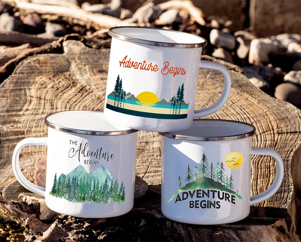 Adventure Camping Mugs Campfire Cup with Forest Print Enamel Camping Cups Outdoor Campervan Coffee Handle Mug Camper Best Gifts