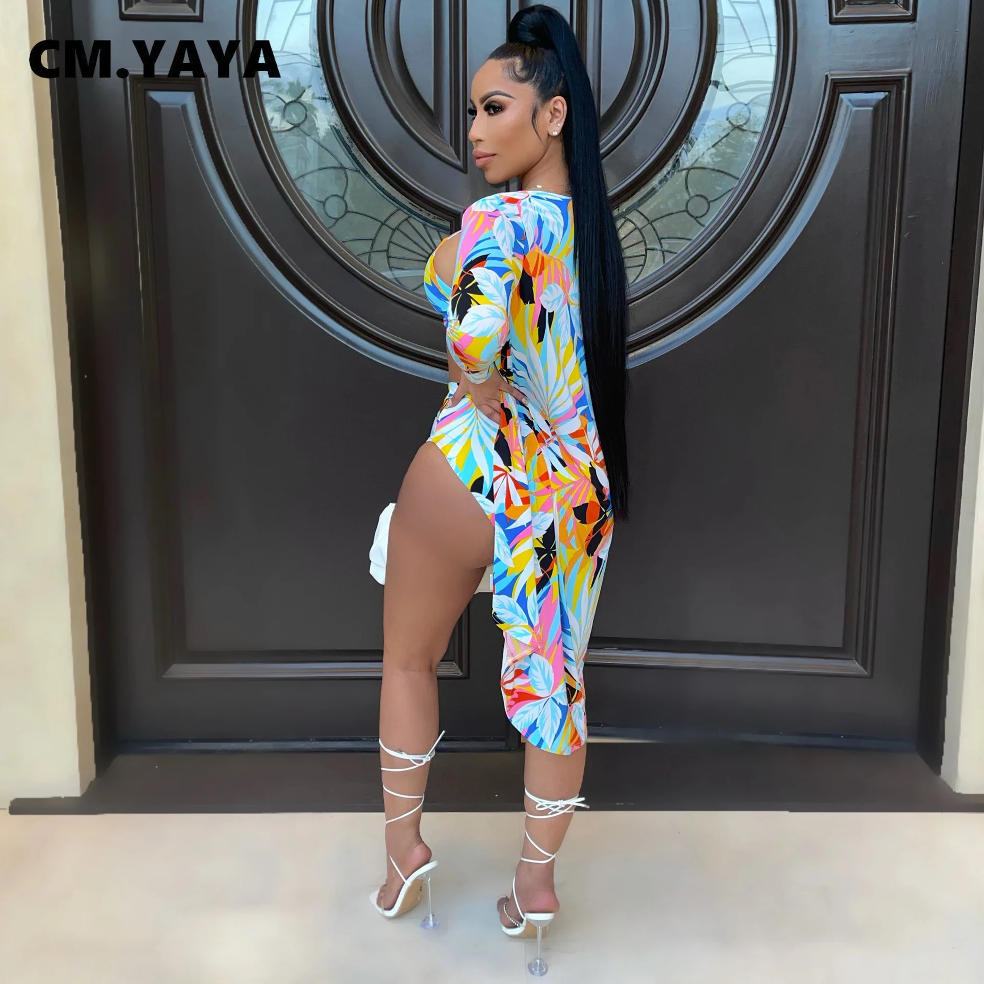 Женский пляжный комплект CM.YAYA бикини с принтом листьев сексуальный топ часами и