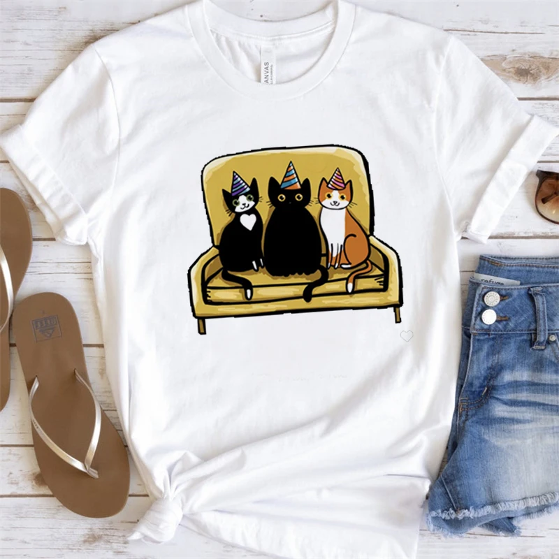 

Summer New Fashion Personality All-match Cute Cat Print Short-sleeved Aesthetic Clothing Shirt T-shirt Top Cartoon Pattern Women