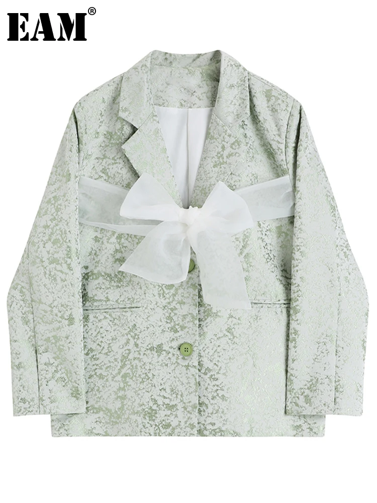 

[EAM] Women Green Printed Organza Bow Big Size Blazer New Lapel Long Sleeve Jacket Fashion Tide Spring Autumn 2022 1DE6474