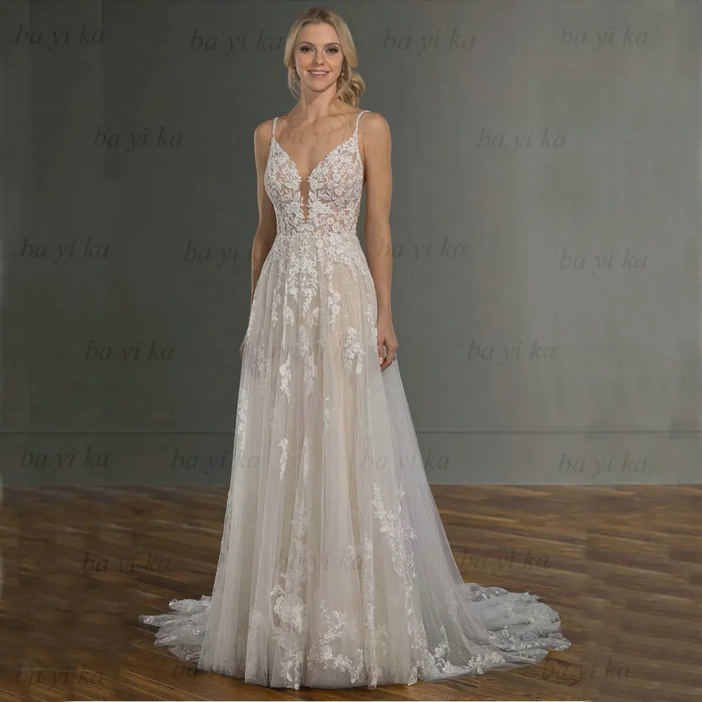 

Boho Vintage Lace Applique Wedding Dresses Abito Da Sposa Deep V-neck Spaghetti Straps Bridal Gowns Tulle Beach Vestido De Novia