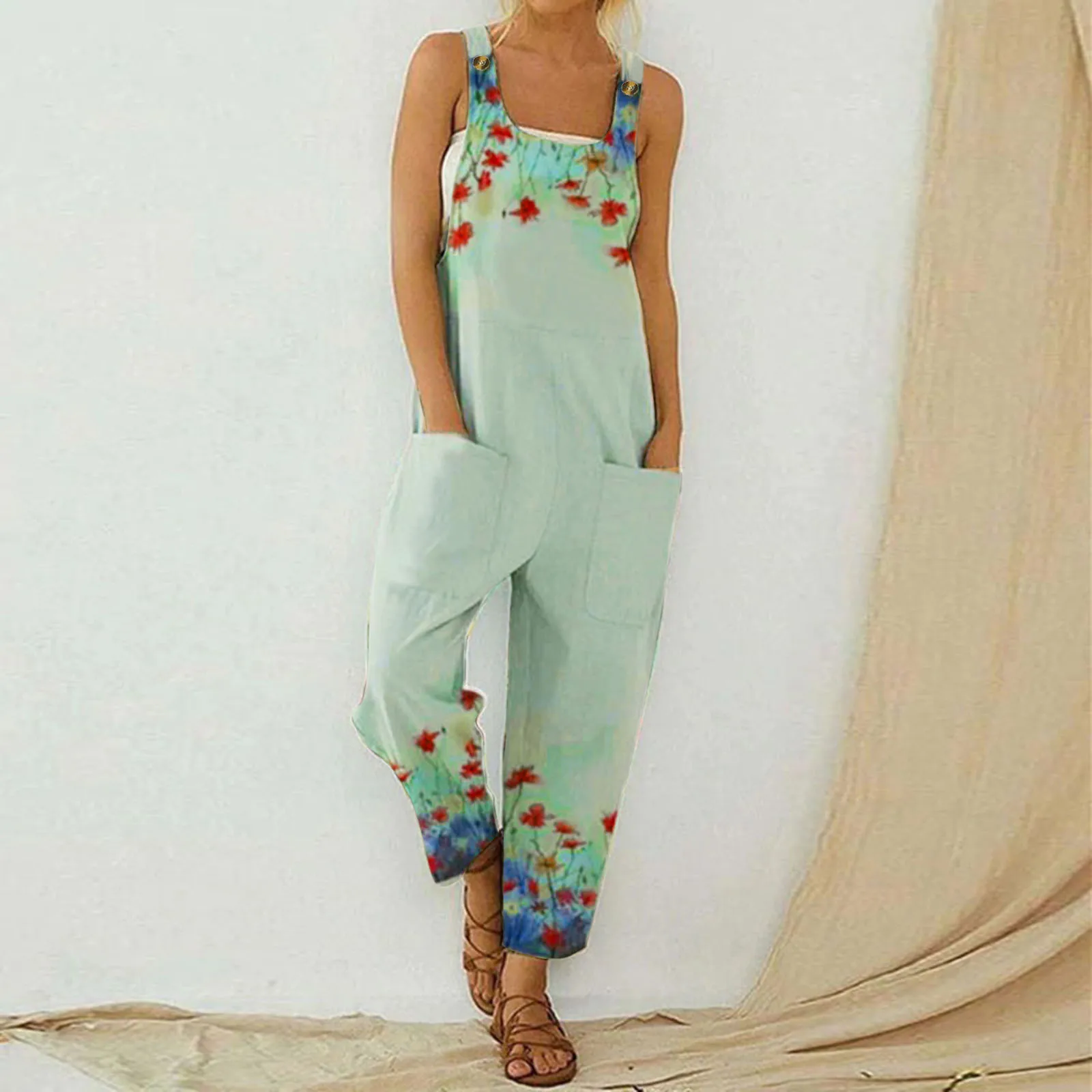 

Jumpsuit Wrap Women Fashion Print Pocket Romper Long Playsuit Spaghetti Strap Loose Jumpsuit Womens Jumpsuits And Rompers